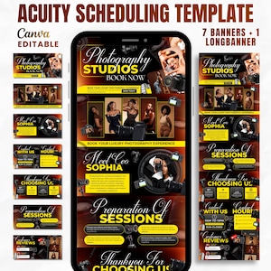 May include: A digital Acuity Scheduling template for photography studios featuring seven banners and one long banner. The design uses a black and gold color scheme with text including Photography Studios, Meet Ceo Sophia, and Preparation of Sessions.