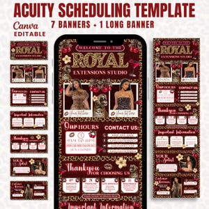 May include: Acuity Scheduling Template with the text "7 Banners + 1 Long Banner" and "Editable". The design features a leopard print background with the text "Welcome to the Royal Extensions Studio". Includes contact information and service details.