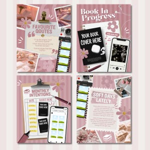 May include: A collage of four images in shades of pink, featuring text and decorative items. The images include a clipboard with "Monthly Intentions," a notebook with "Book In Progress," and a quote about favourite quotes. A smartphone and film strip are also present.