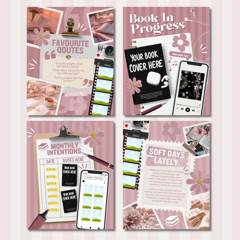 May include: A collage of four images in shades of pink, featuring text and decorative items. The images include a clipboard with "Monthly Intentions," a notebook with "Book In Progress," and a quote about favourite quotes. A smartphone and film strip are also present.