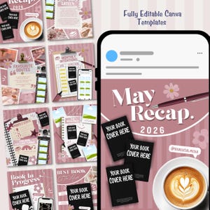 May include: A digital marketing template set in pink and white. The image features a smartphone, coffee, books, and text that reads "May Recap. 2026" and "Fully Editable Canva Templates."