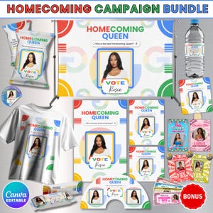 Puede incluir: Un paquete de campaña para la Reina del Baile de Graduación con varios artículos promocionales. Incluye una camiseta blanca, una botella de agua, bolsas de aperitivos y carteles, todos con la foto de la candidata y el texto "Vote Rosie". El diseño incorpora rojo, azul, amarillo y verde.