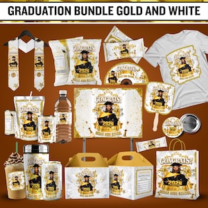 May include: A graduation bundle featuring various items with a gold and white theme. Includes a white t-shirt, tote bag, food containers, and drinkware, all adorned with "Congrats!" and graduation details. The bundle is designed for the class of 2026.