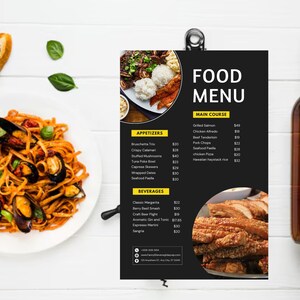 Plantilla de menú de restaurante: diseños elegantes, personalizables e imprimibles para cafeterías, bares y restaurantes. ¡Fácil de editar y descargar!