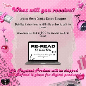 以下が含まれることがあります： 「What will you receive?」と「RE-READ FAVORITES」のテキストが入ったピンク色のデジタルデザイン広告。ラップトップ、装飾要素、Canvaのテンプレートと説明に関するテキストが含まれています。「No Physical Product will be shipped」のテキストも表示されています。