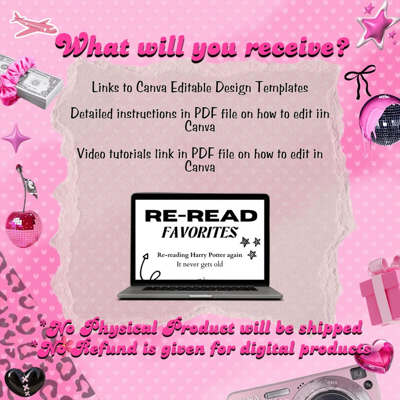 以下が含まれることがあります： 「What will you receive?」と「RE-READ FAVORITES」のテキストが入ったピンク色のデジタルデザイン広告。ラップトップ、装飾要素、Canvaのテンプレートと説明に関するテキストが含まれています。「No Physical Product will be shipped」のテキストも表示されています。