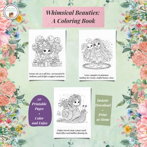 Whimsical Beauties Coloring Pages – 20 Printable Designs – Relaxing Adult & Teen Coloring Book – Instant Download