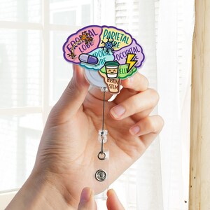 Puede incluir: Un portatarjetas con forma de cerebro colorido con secciones del cerebro etiquetadas y un gráfico de taza de café. El portatarjetas está sostenido por una mano. El diseño incluye las palabras "Frontal Lobe", "Parietal Lobe", "Occipital", "Temporal Lobe", "Brain Stem".