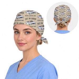 Funny Raccoon Scrub Cap, “Get In Loser We’re Leaving AMA” Surgical Hat, Cute Nurse Scrub Cap, Medical Humor OR Cap, Tie Back Scrub Hat bild 6