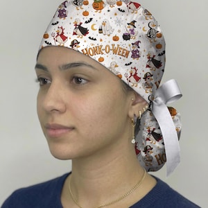 Honk-O-Ween Goose Scrub Cap, Halloween Nurse Surgical Cap, Cute Goose Ghost Pumpkin Medical Scrub Hat, Spooky Nurse Gift, Ponytail Scrub Cap