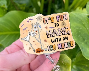 Funny Skeleton ICU Nurse Badge Reel: Halloween ID Holder