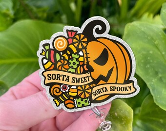 Halloween Badge Reel: Spooky Pumpkin Candy Acrylic ID Holder