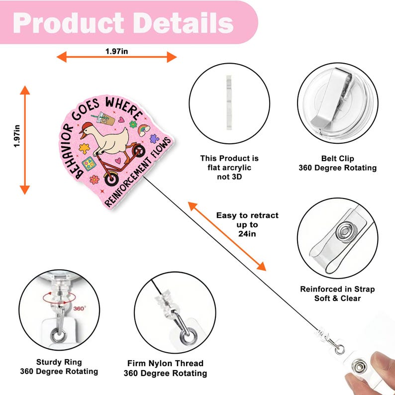 K&ouml;nnte beinhalten: Ein pinkfarbener, einziehbarer Ausweishalter mit dem Text "BEHAVIOR GOES WHERE REINFORCEMENT FLOWS" und einer Cartoon-Gans auf einem Roller. Der Ausweishalter ist 5 cm lang und breit, mit einem stabilen Ring und einem festen Nylongewinde.