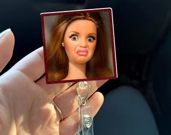 Cringe Doll Meme Badge Reel, Doll Face Reaction Meme Badge Holder, Funny Awkward Doll Badge, Coworker Humor Badge Reel