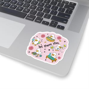 May include: A sticker featuring cartoon ducks engaged in various activities, set against a pink background with floral and star accents. The text "let them stim" is prominently displayed. The sticker is placed on a laptop.