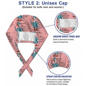 Pu&ograve; includere: Una cuffia chirurgica rosa con un motivo ripetuto di un'oca dei cartoni animati che indossa una casacca medica color ottanio e tiene in mano un bisturi. Il testo recita, Here's the thingy with the pointy end. Include una fascia tergisudore.