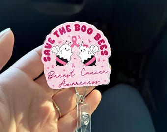 Save The Boo Bees-badgehaspel – Intrekbare ID-houder voor borstkanker, schattige Ghost Bee-verpleegsterbadgeclip voor roze maand oktober