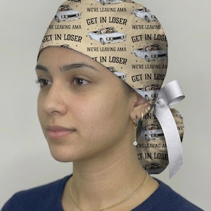 Funny Raccoon Scrub Cap, “Get In Loser We’re Leaving AMA” Surgical Hat, Cute Nurse Scrub Cap, Medical Humor OR Cap, Tie Back Scrub Hat bild 1