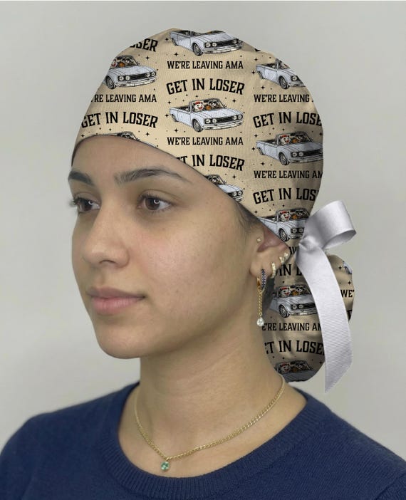 Funny Raccoon Scrub Cap, “Get In Loser We’re Leaving AMA” Surgical Hat, Cute Nurse Scrub Cap, Medical Humor OR Cap, Tie Back Scrub Hat