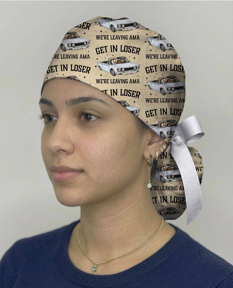Funny Raccoon Scrub Cap, “Get In Loser We’re Leaving AMA” Surgical Hat, Cute Nurse Scrub Cap, Medical Humor OR Cap, Tie Back Scrub Hat bild 1