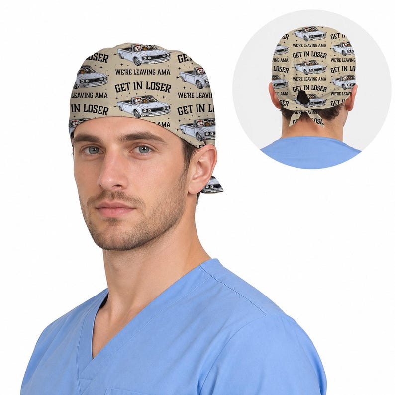 Funny Raccoon Scrub Cap, “Get In Loser We’re Leaving AMA” Surgical Hat, Cute Nurse Scrub Cap, Medical Humor OR Cap, Tie Back Scrub Hat bild 3