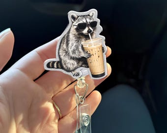 Funny Raccoon Coffee Badge Reel, Cute Iced Coffee Animal Badge Holder, Coffee Lover ID Reel, Nurse Office Gift
