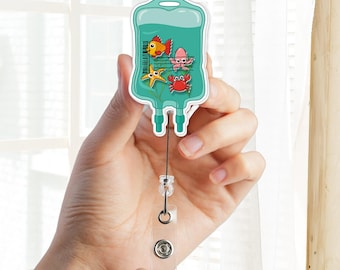 IV Bag Shaker Badge Reel, Cute Sea Animal Nurse Badge Reel, Pediatric Nurse ID Holder, Acrylic Retractable Badge