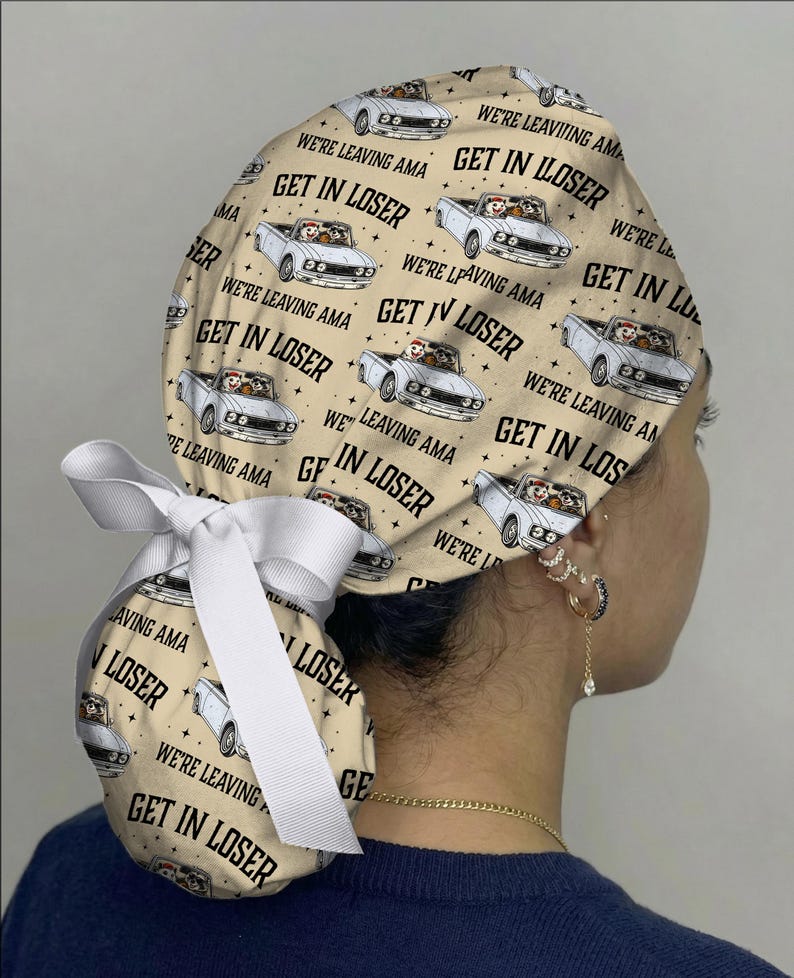 Funny Raccoon Scrub Cap, “Get In Loser We’re Leaving AMA” Surgical Hat, Cute Nurse Scrub Cap, Medical Humor OR Cap, Tie Back Scrub Hat bild 7
