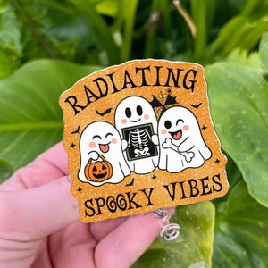 Radiology Badge Reel | Radiating Spooky Vibes Ghost Xray Badge Holder | Halloween Retractable ID Clip for Rad Techs Medical Staff