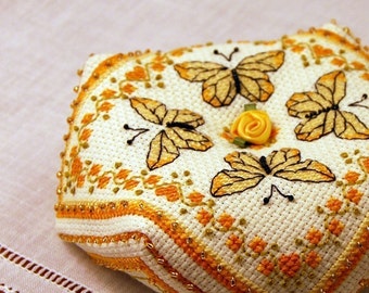 Yellow Butterflies Biscornu Cross Stitch Pattern Instant Download