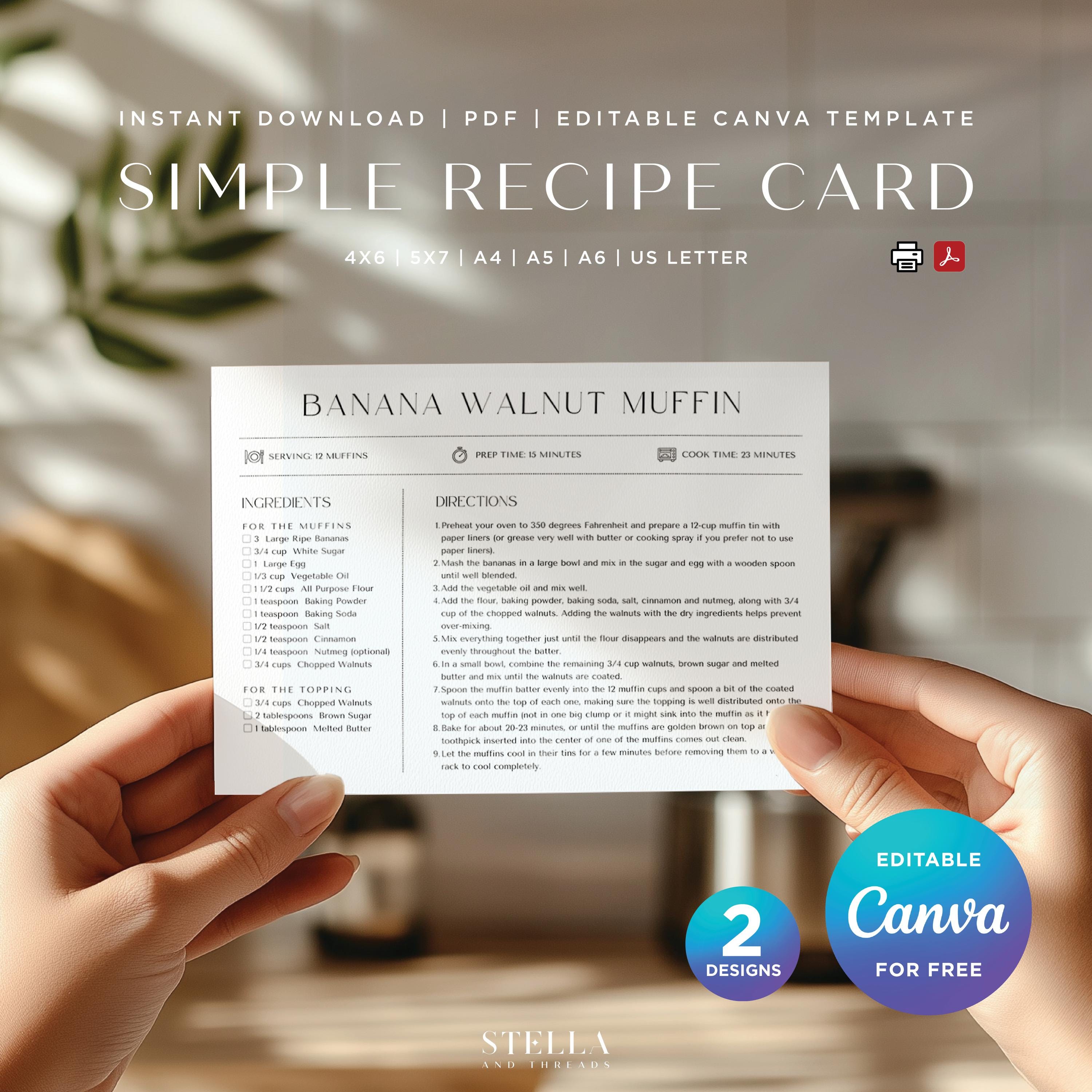 Simple Recipe Card, Canva Template, Digital Editable Family Recipe Cards, Personalized Recipe Template for Family Cookbook, 4x6 5x7 A4 A5 A6