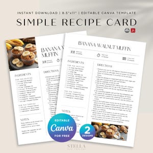 Tarjeta de receta sencilla, tarjetas digitales de recetas familiares, plantilla de receta personalizada, libro de recetas familiar editable, plantilla Canva tamaño carta A4