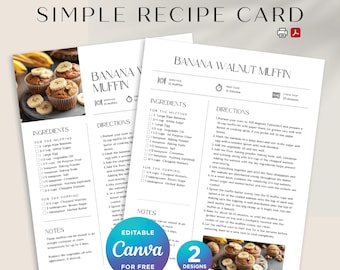 Simple Recipe Card, Digital Family Recipe Cards, Personalized Recipe Template, Editable Family Recipe Cookbook, Canva Template A4 US Letter