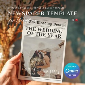 Könnte beinhalten: Eine Hochzeitsankündigungsvorlage im Stil einer Vintage-Zeitung. Die Schlagzeile lautet "Die Hochzeit des Jahres" mit den Namen des Paares, Olivia und Michael, und dem Text "Beginnt ihre Reise" unter dem Foto. Die Vorlage ist in Canva bearbeitbar und kostenlos verfügbar.