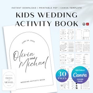 Libro di attività personalizzato per matrimonio, 30 fogli di attività per bambini, libretto di attività per bambini, libro da colorare stampabile, modello Canva modificabile