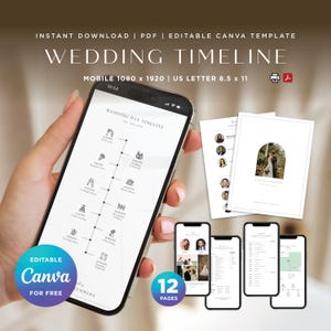 Könnte beinhalten: Eine digitale Hochzeitsplanungsvorlage mit 12 Seiten, darunter ein Zeitplan für den Hochzeitstag, eine Gästeliste und eine Karte. Die Vorlage ist zum sofortigen Download im PDF-Format verfügbar und in Canva bearbeitbar.