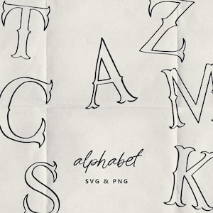 May include: Black outlined letters of the alphabet, including T, C, A, Z, M, S, and K, are displayed on a beige, folded paper background. The word "alphabet" is written in cursive below the letters, with "SVG & PNG" underneath.