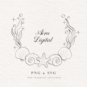 May include: A black and white line drawing of a circular wreath featuring seashells, a starfish, and seaweed. The text "Airu Digital" is in the center, with "PNG & SVG" and "NON SPARKLES INCLUDED" below.