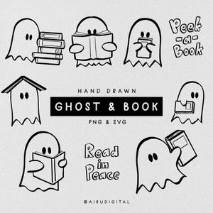 Op de afbeelding: Zwart-wit handgetekende illustraties van geesten en boeken. De geesten lezen, houden boeken vast of kijken in een boek. Tekst bevat "Ghost & Book", "Peek-a-Book" en "Read in Peace".