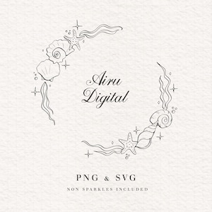 May include: A black and white line drawing of a circular design featuring seashells, starfish, and seaweed. The text "Airu Digital" is in the center, with "PNG & SVG" and "NON SPARKLES INCLUDED" below.