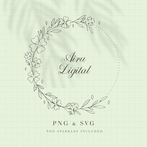 May include: A circular floral design with the text "Airu Digital" in elegant script. The design features a wreath of leaves, flowers, and diamond-shaped accents. Below, it reads "PNG & SVG" and "NON SPARKLES INCLUDED" on a light green grid background.