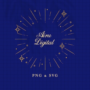 Op de afbeelding: Een digitaal ontwerp met een marineblauwe achtergrond en een gouden burst-ontwerp. De tekst "Airu Digital" is in elegant schrift, met "PNG & SVG" eronder. Het ontwerp bevat sterren en naar buiten stralende lijnen.