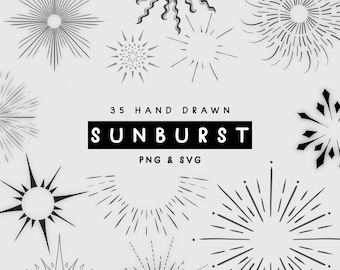 May include: A selection of 35 hand-drawn sunburst designs in black on a light grey background. The word "SUNBURST" is in a black rectangle. The designs vary in style, with radiating lines and starburst shapes. Text includes "PNG & SVG".