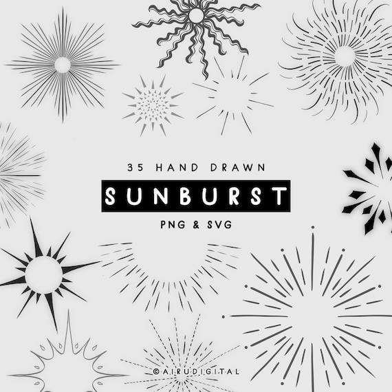 Boho Celestial Hand-Drawn Sunburst PNG, Tattoo Flash SVG, Fine Liner, Elegant Mystical Clip Art, Modern Stencil, Cosmic Design