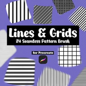 May include: A digital art graphic featuring various black and white line and grid patterns on a purple background. The text "Lines & Grids" is displayed prominently, along with "24 Seamless Pattern Brush" and "for Procreate". A Procreate app icon is also present.