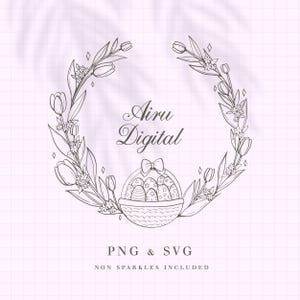 Hand Drawn Tulip Easter Egg Flower Circle Wreath PNG SVG – Christian Spring Floral Frame Line Art for Wedding, Cricut & Canva, Embroidery