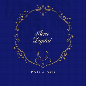Könnte beinhalten: Ein digitales Design mit einem goldenen Himmelsrahmen auf dunkelblauem Hintergrund. Der Rahmen enthält Sterne, einen Halbmond und den Text "Airu Digital". Der untere Teil des Designs enthält den Text "PNG & SVG".
