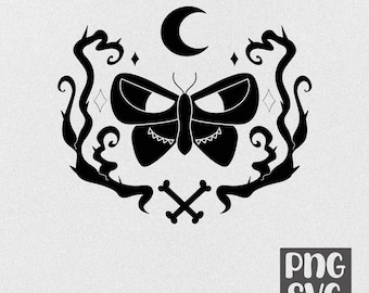 Polilla bohemia dibujada a mano PNG SVG, gráficos místicos de bruja dibujados a mano, icono garabato, temporada espeluznante, imágenes prediseñadas, contorno peculiar, decoración de Halloween