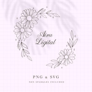 May include: A digital illustration featuring a floral wreath design with daisies and leaves. The text "Airu Digital" is centered within the wreath, with "PNG & SVG" and "NON SPARKLES INCLUDED" below. The background is a light pink grid.