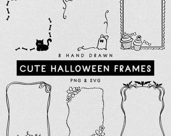 Molduras e bordas de Halloween desenhadas à mão, fofas e divertidas, em PNG e SVG | Elementos de convite com rabiscos originais para a temporada assustadora, com um toque de terror e charme.
